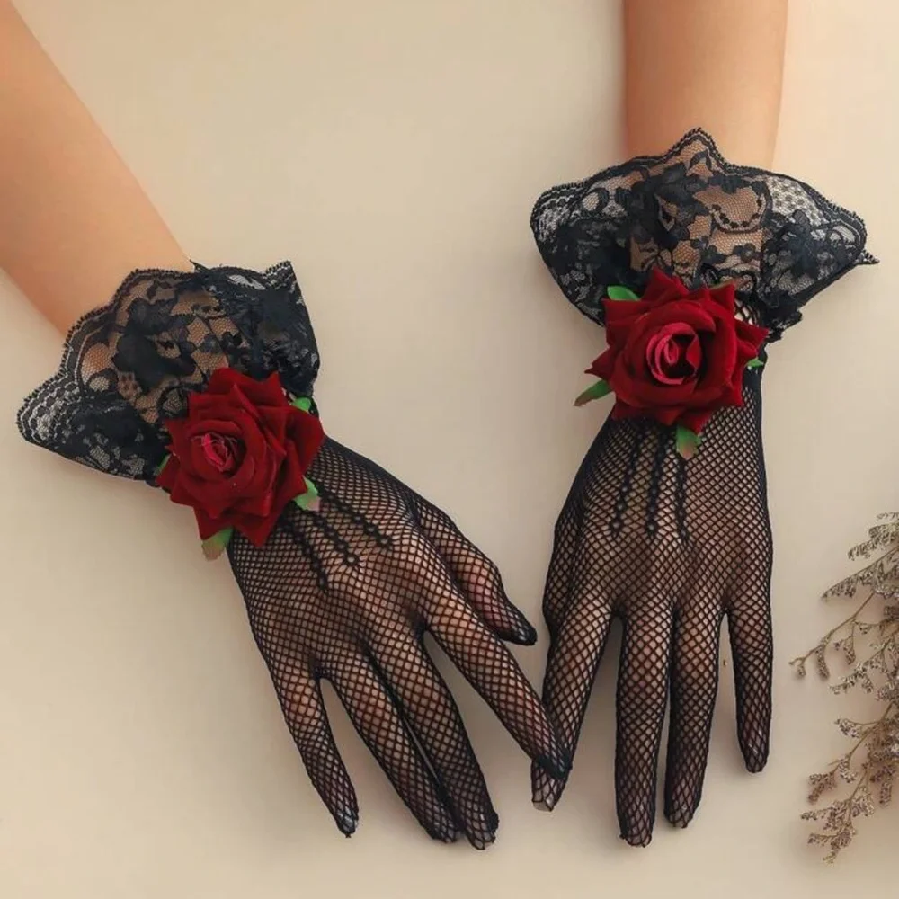 1 Pair Polyester Rose Floral 3D Decor Gloves, Ideal For Evening Dates, Parties,